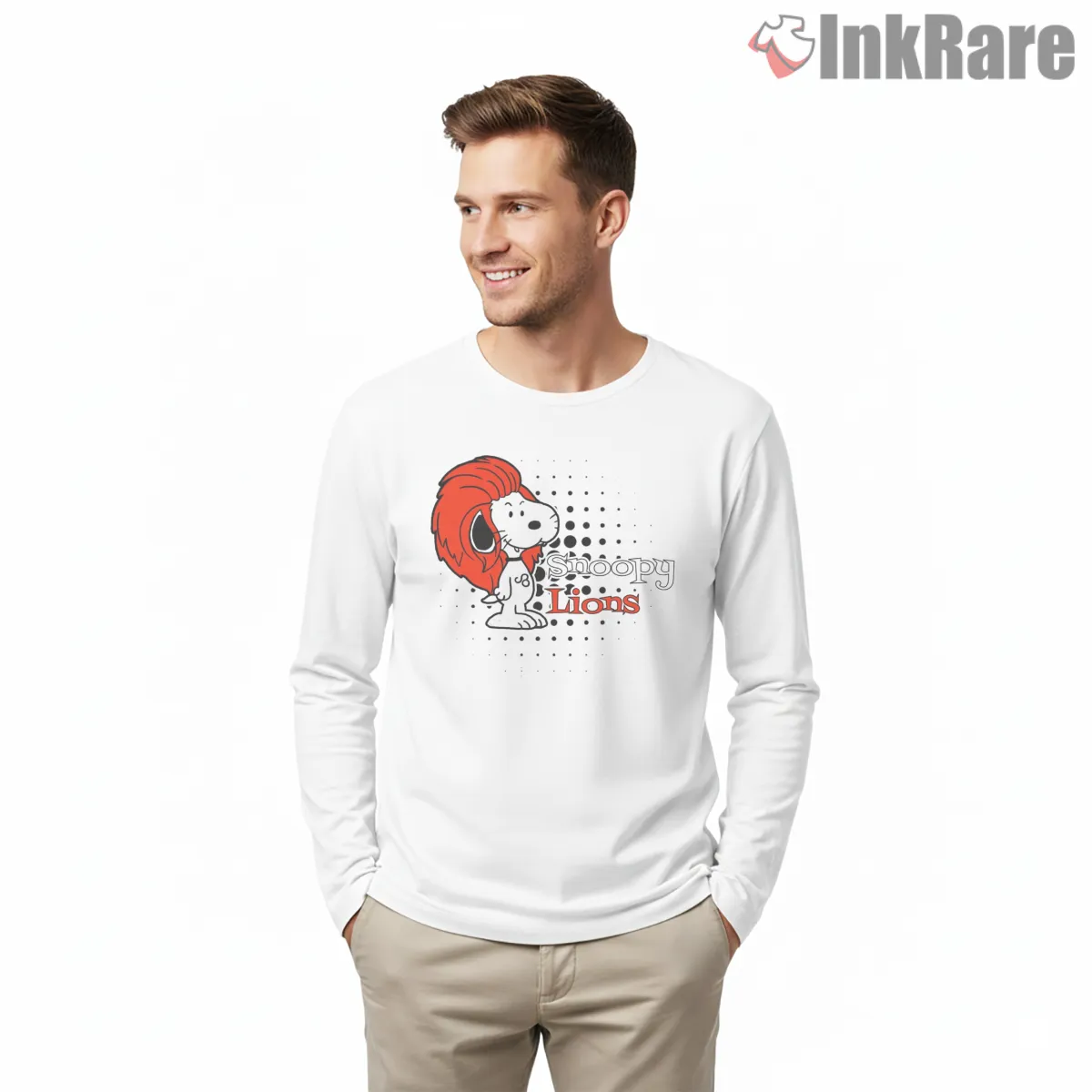 Snoopy Lions Mascot Style Long Sleeve White Snoopy Lions Mascot Style Shirt on white long sleeve shirt for men graphic tee