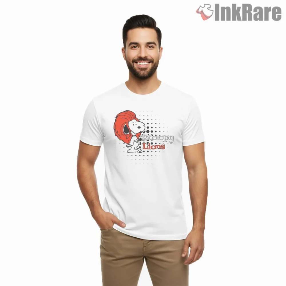 Snoopy Lions Mascot Style Shirt on white short sleeve shirt for men graphic tee