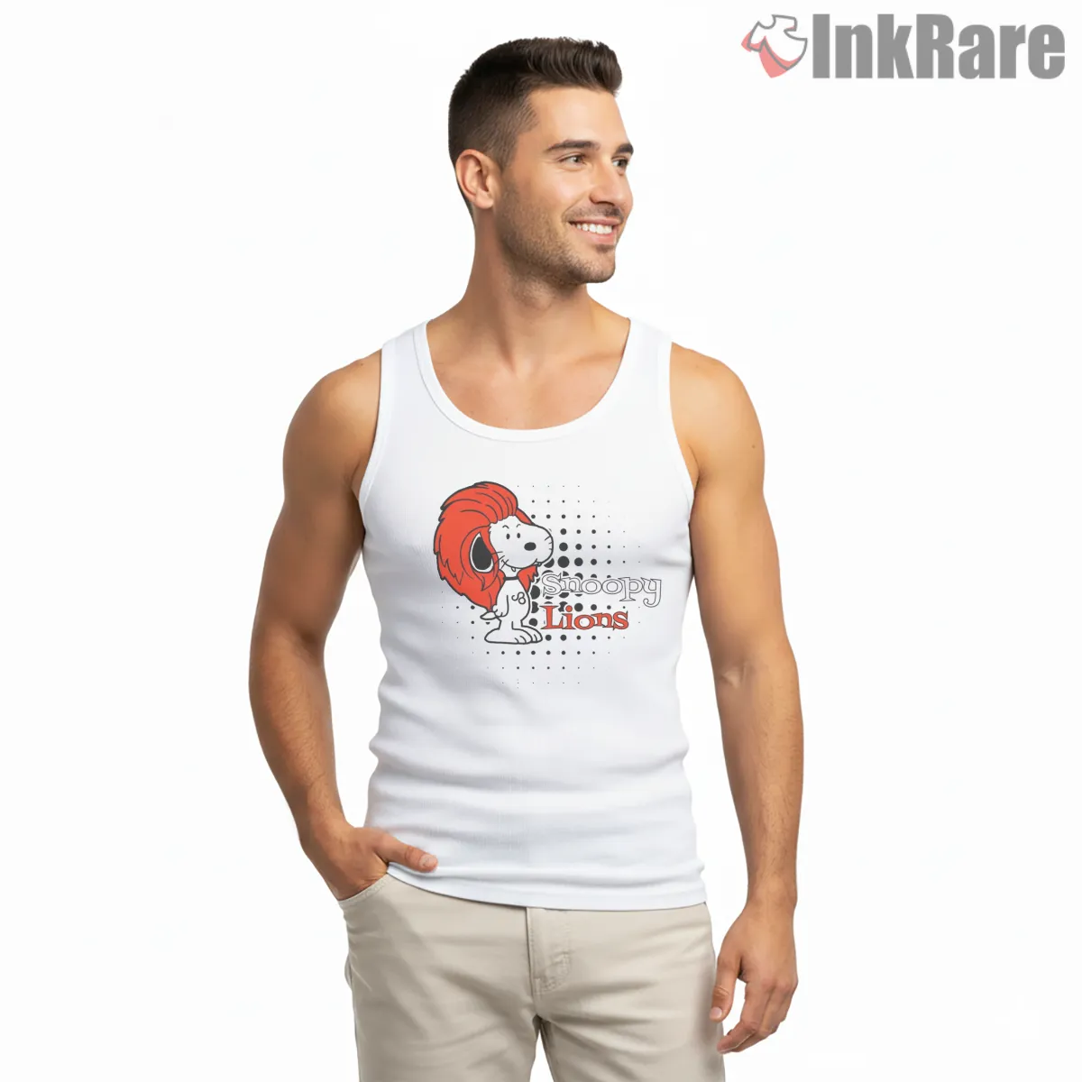Snoopy Lions Mascot Style Shirt on white tank top for men graphic tee