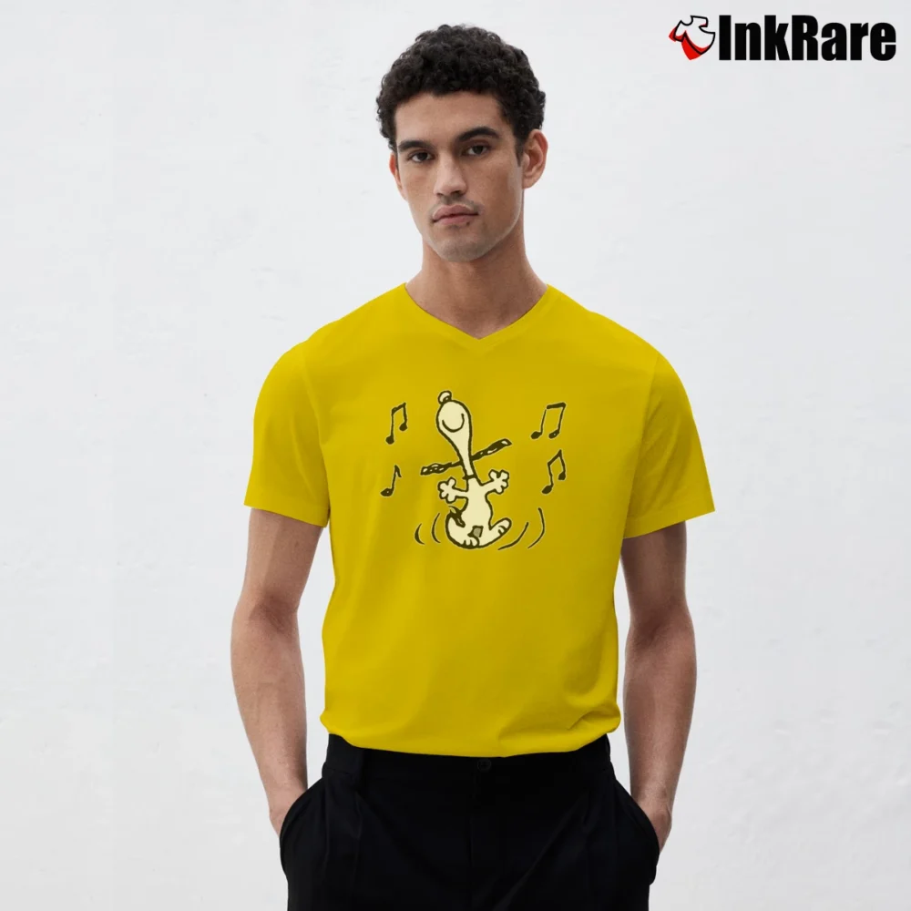 Men’s Snoopy Listening To Music V-Neck Tee in yellow | Sharp, Breathable, Everyday Staple