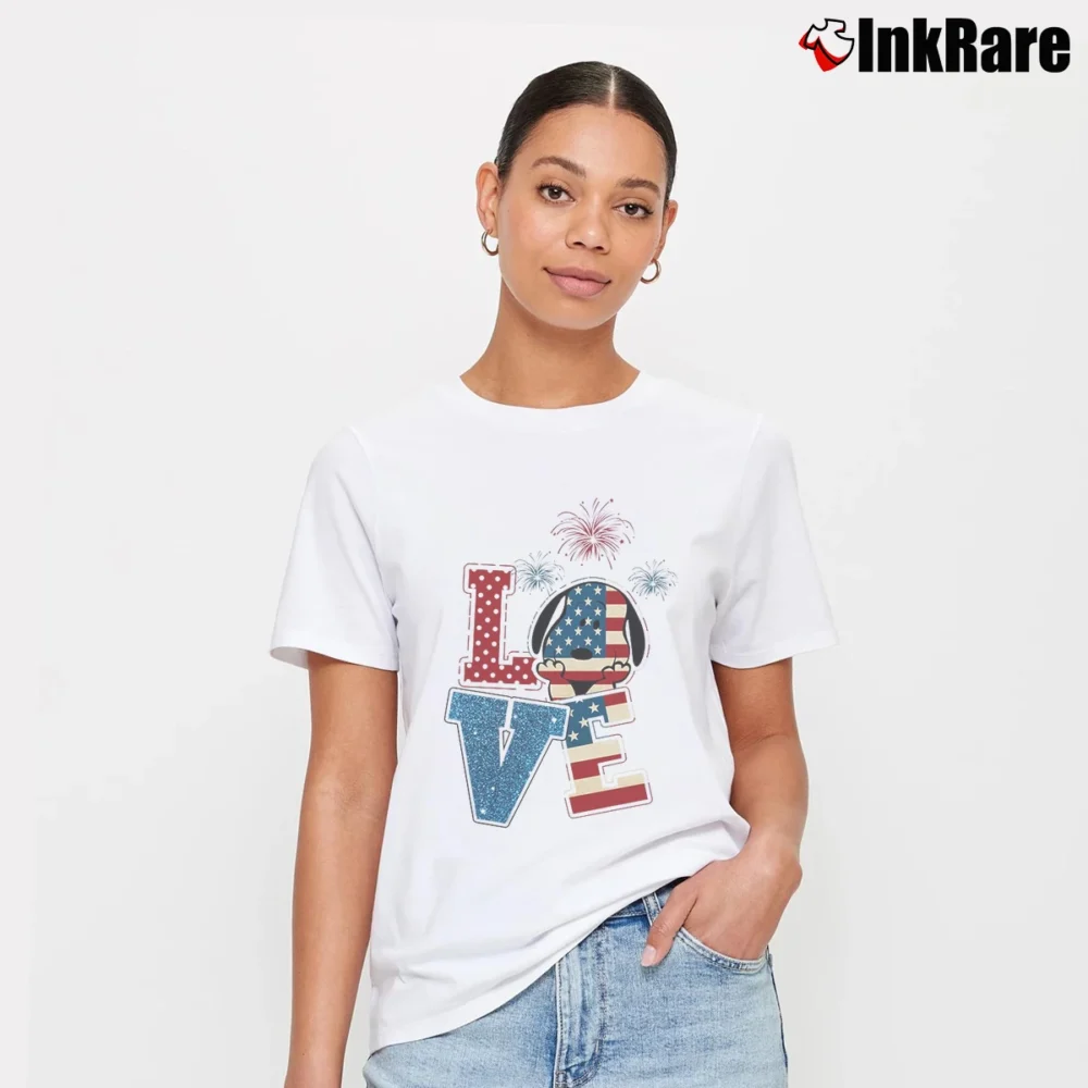 Women’s Snoopy Love American Flag Firework The 4th Of July T-Shirt in white | Soft, Flattering Fit