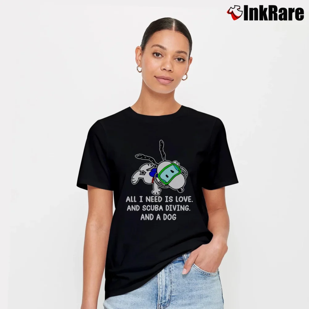 Women’s Snoopy Love Scuba Diving And Dog Signature T-Shirt in black | Soft, Flattering Fit
