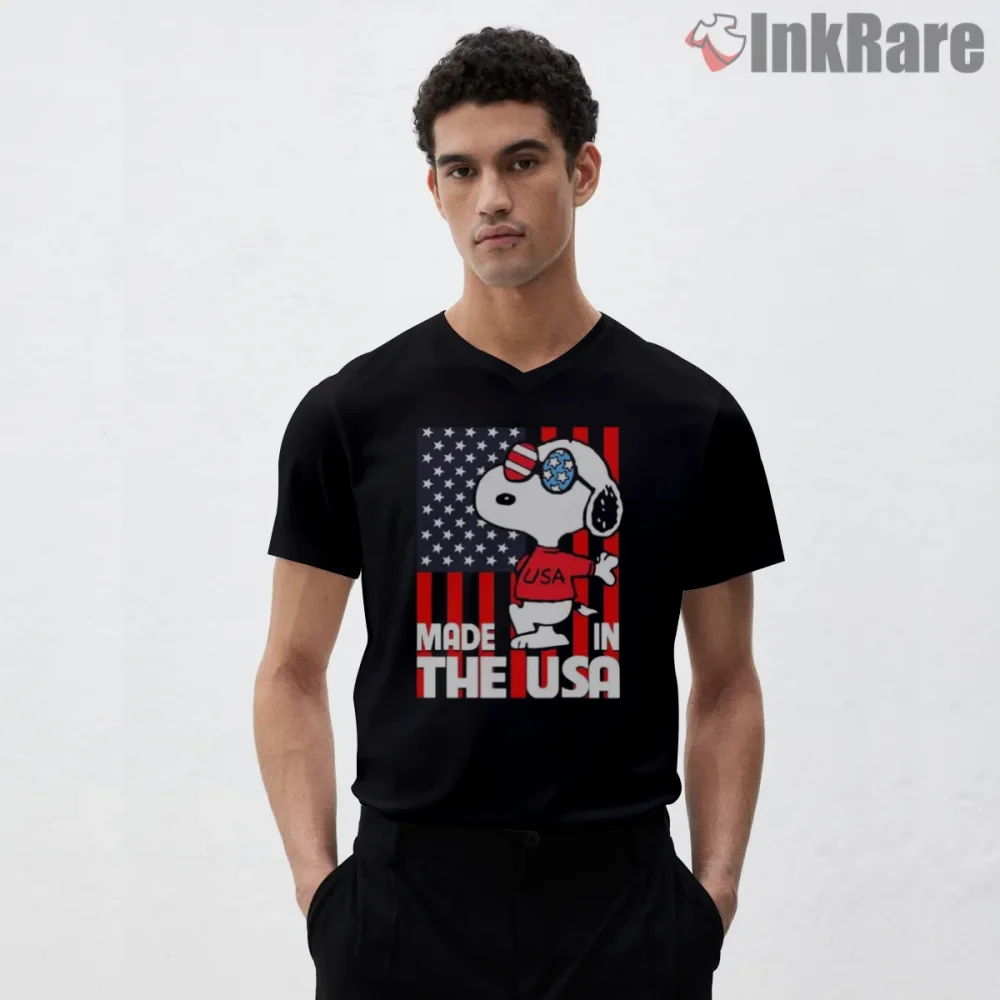 Snoopy Made In The Usa Patriotic Shirt on black v-neck shirt for men graphic tee