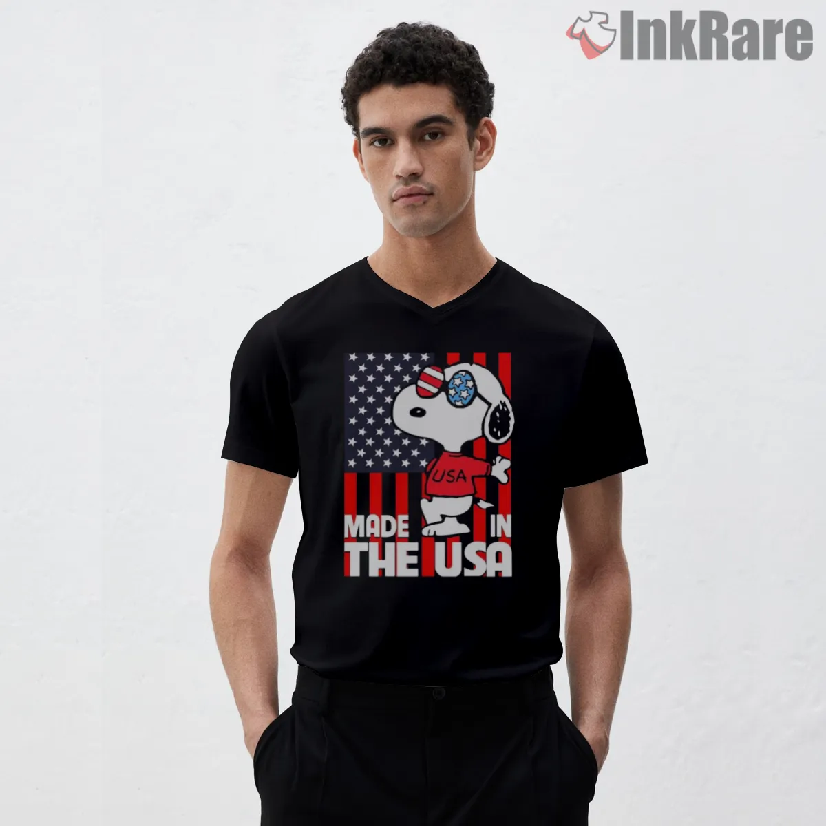 Snoopy Made In The Usa Patriotic V Neck Black Snoopy Made In The Usa Patriotic Shirt on black v-neck shirt for men graphic tee