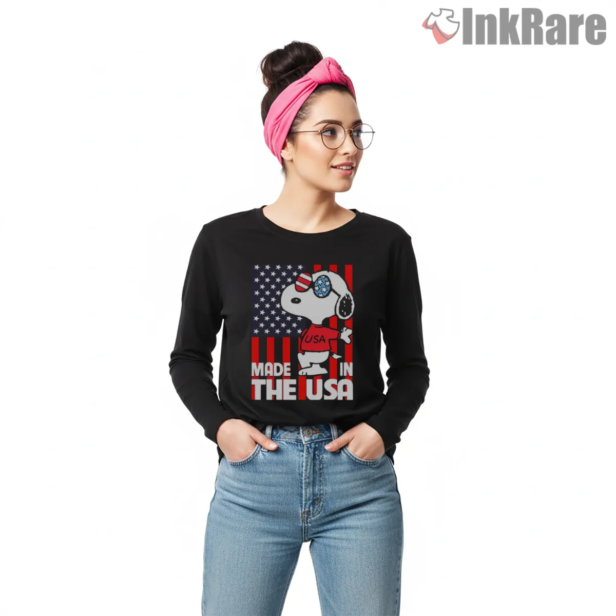 Snoopy Made In The Usa Patriotic Long Sleeve Black Snoopy Made In The Usa Patriotic Shirt on black long sleeve shirt for women graphic tee
