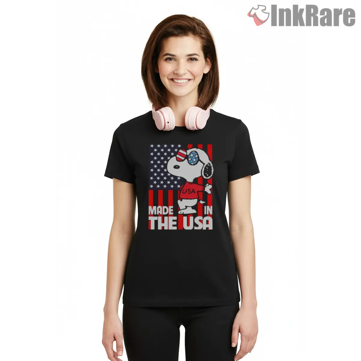 Snoopy Made In The Usa Patriotic Short Sleeve Black Snoopy Made In The Usa Patriotic Shirt on black short sleeve shirt for women graphic tee