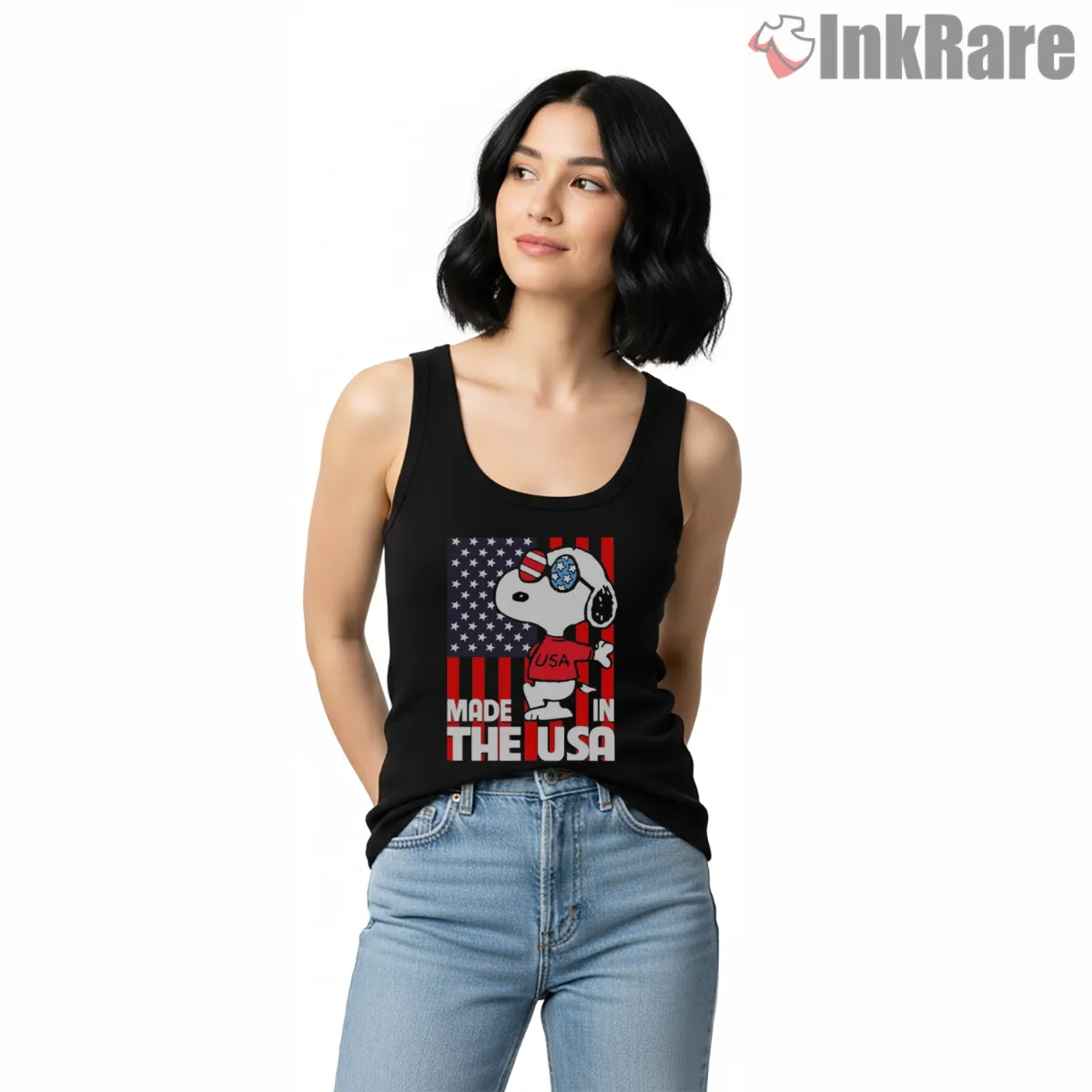Snoopy Made In The Usa Patriotic Shirt on black tank top for women graphic tee