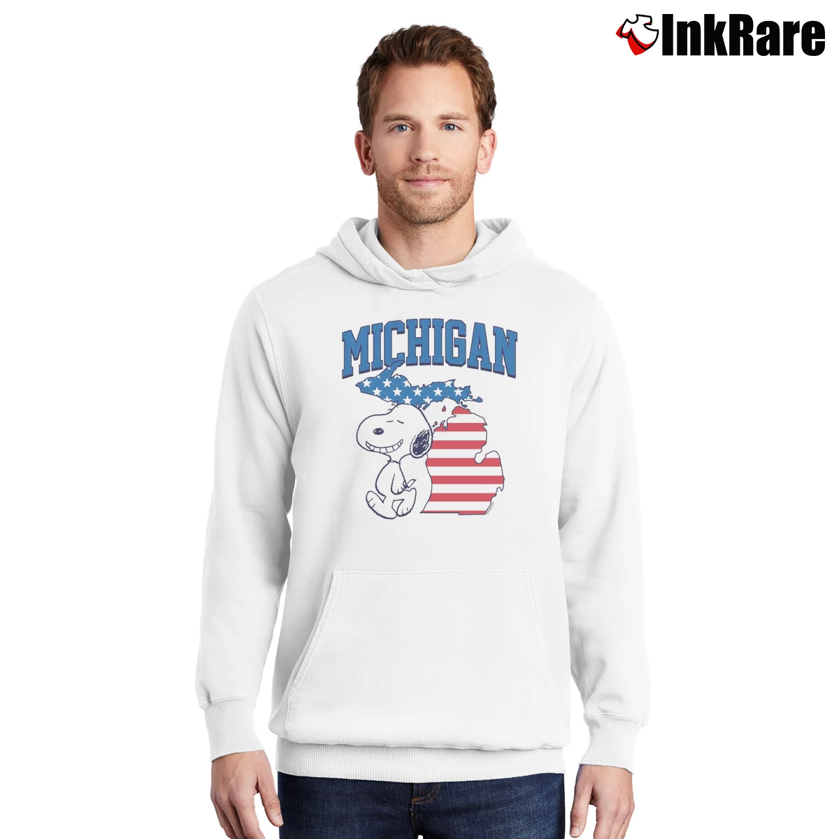 Snoopy Michigan USA Flag Men’s Pullover Hoodie in white – Ultimate Warmth Men’s Snoopy Michigan USA Flag Pullover Hoodie in white | Cozy, Durable, Modern Fit