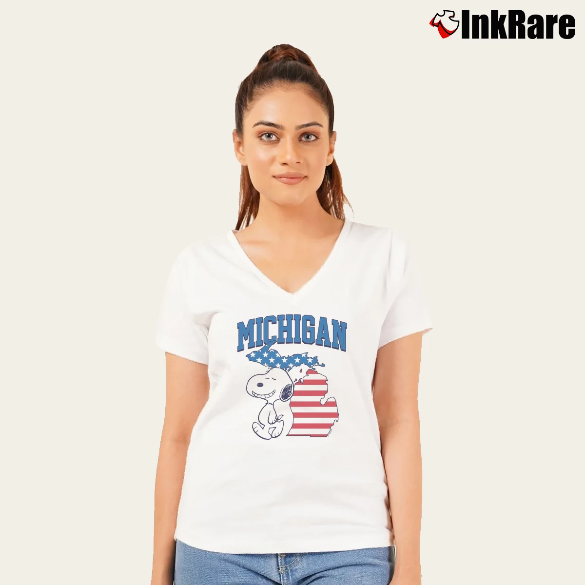 Snoopy Michigan USA Flag Women’s V-Neck Tee in white – Flattering Fit Women’s Snoopy Michigan USA Flag V-Neck Tee in white | Chic Neckline, Soft Texture