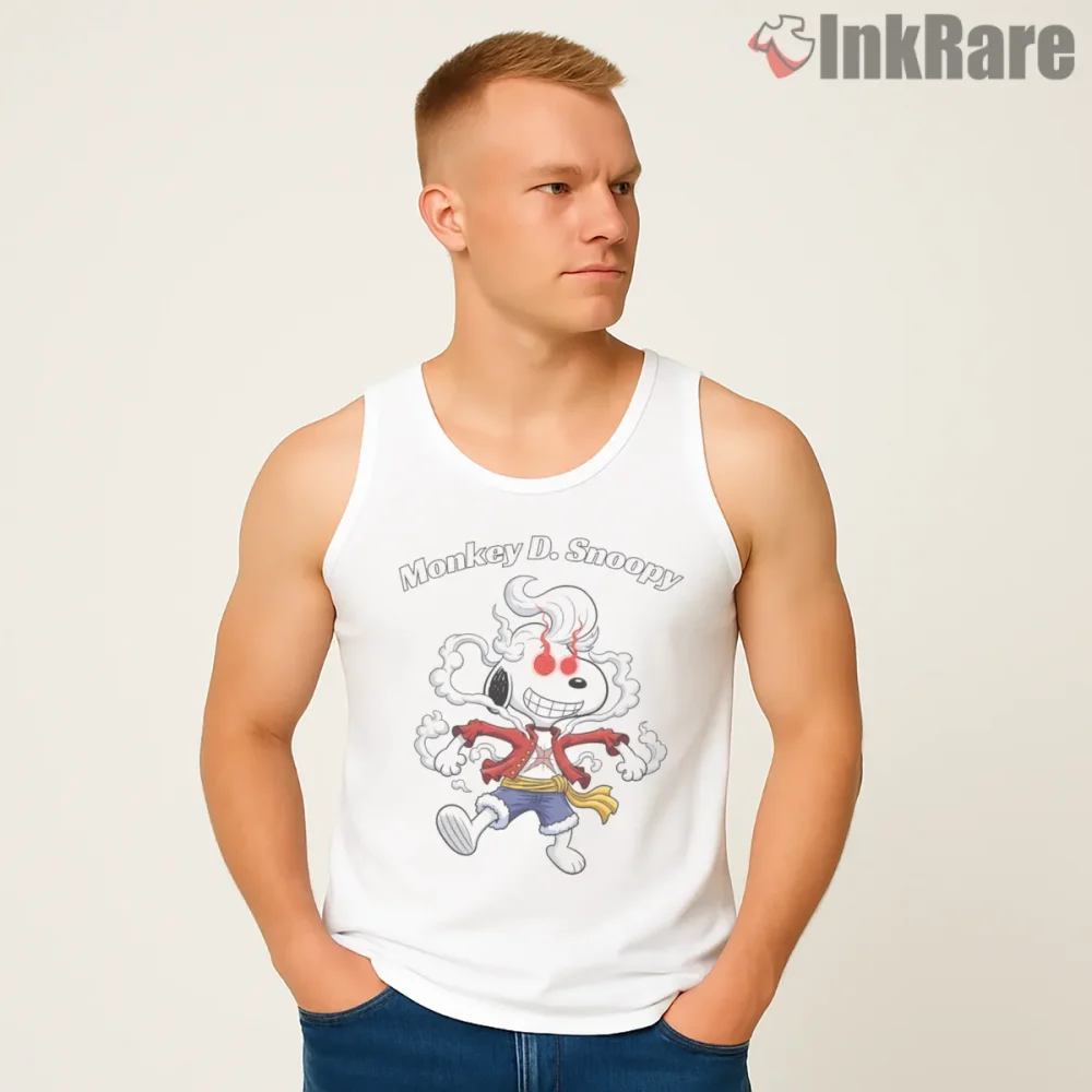 Snoopy Monkey D Luffy Gear Transformation One Piece Shirt on white tank top for men graphic tee
