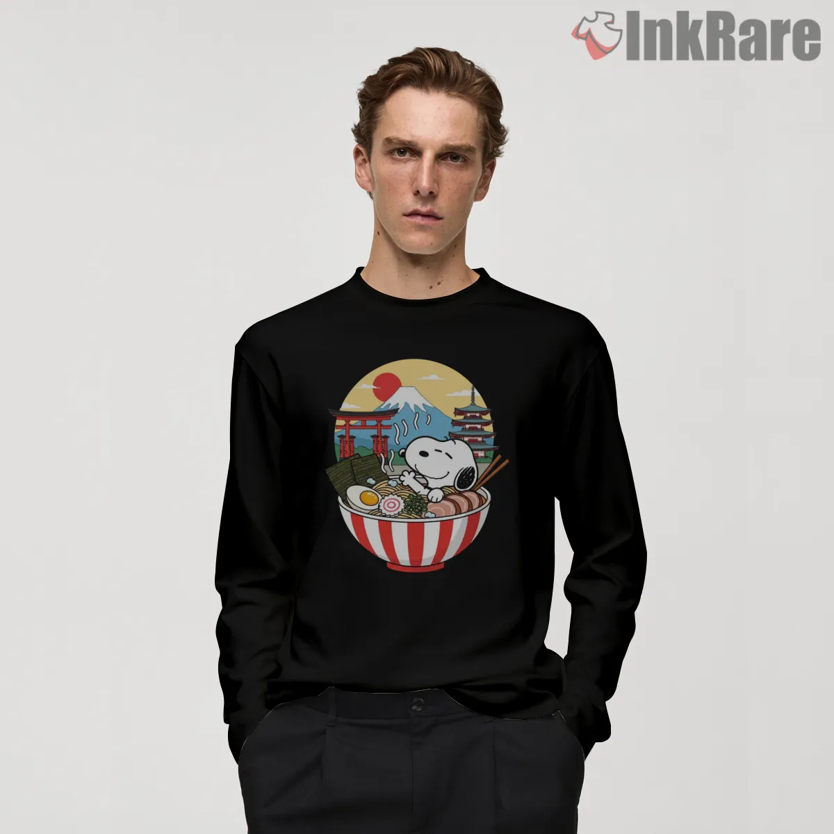 Snoopy Mount Fuji Ramen Bowl Japanese Art Long Sleeve Black Snoopy Mount Fuji Ramen Bowl Japanese Art Shirt on black long sleeve shirt for men graphic tee