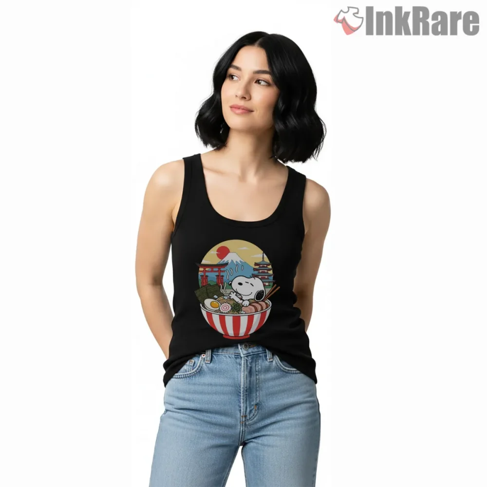 Snoopy Mount Fuji Ramen Bowl Japanese Art Shirt on black tank top for women graphic tee
