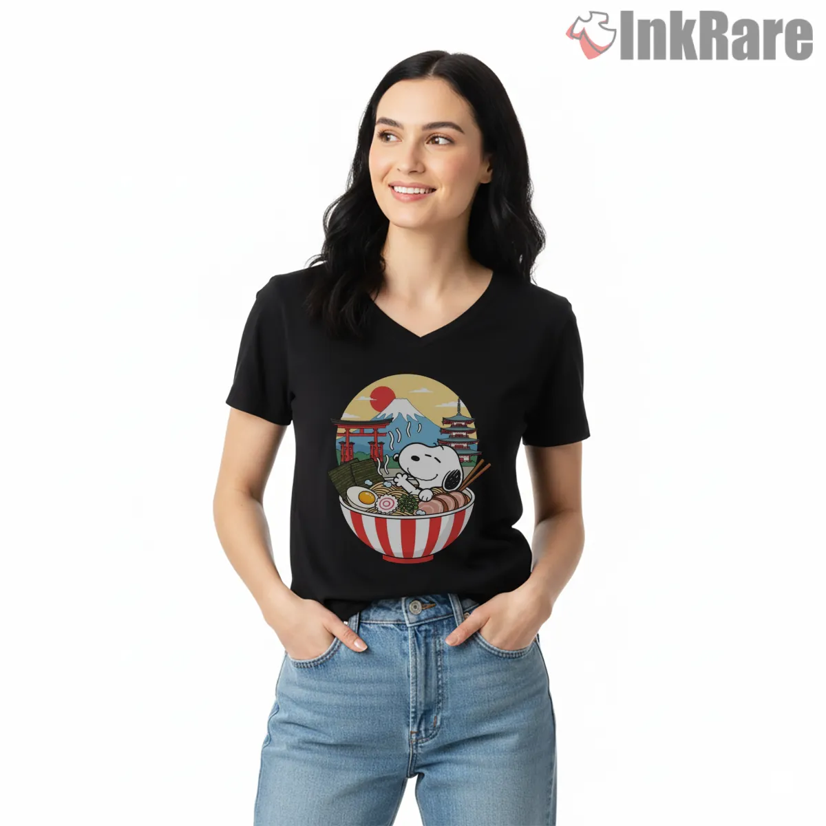 Snoopy Mount Fuji Ramen Bowl Japanese Art Shirt on black v-neck shirt for women graphic tee