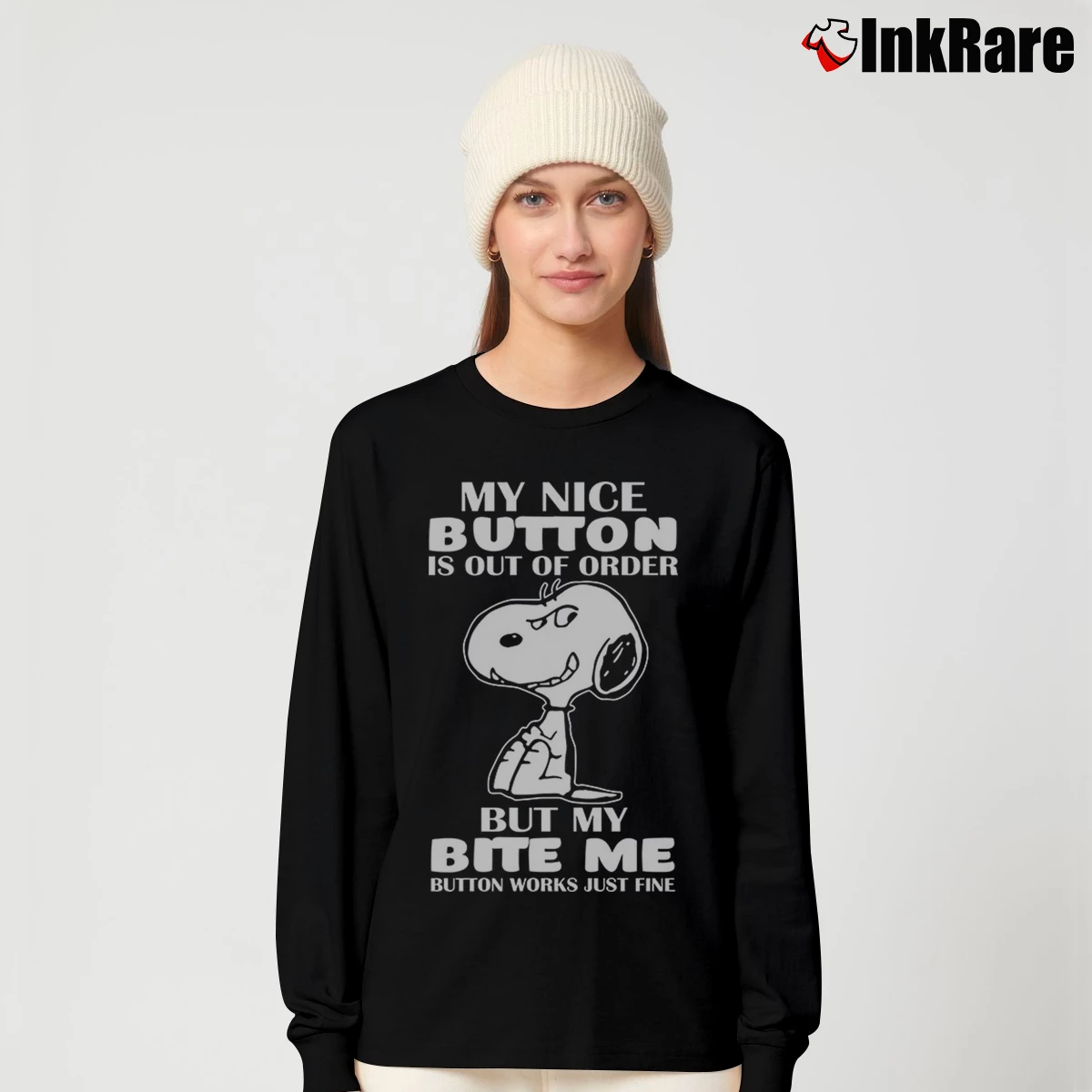 Women’s Snoopy My Nice Button Is Out Of Order But My Bite Me Button Works Just Fine Long-Sleeve Top in black | Sleek, Versatile, All-Season