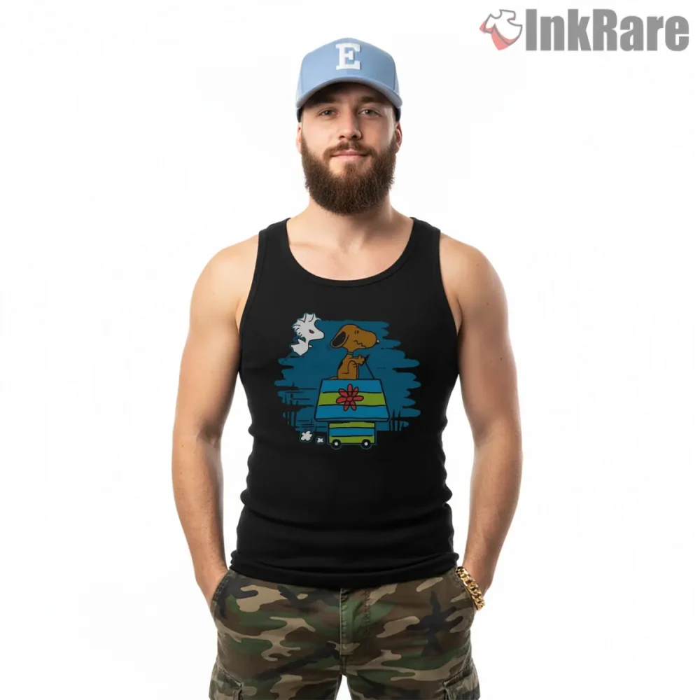 Snoopy Mystery Machine Van Scooby Doo Mashup Shirt on black tank top for men graphic tee