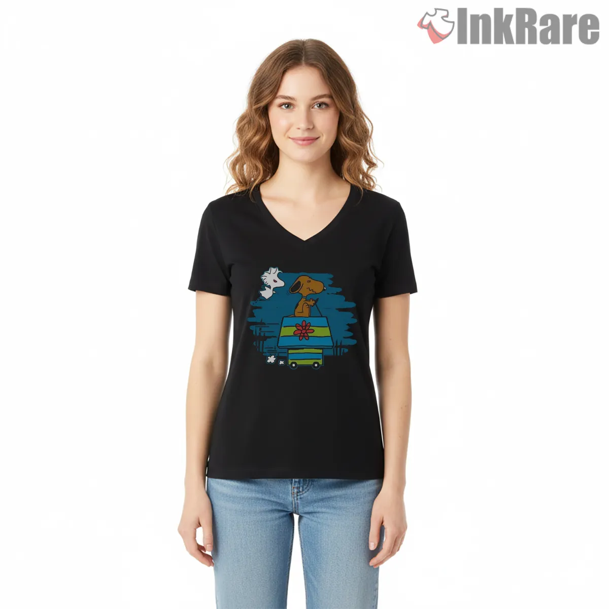 Snoopy Mystery Machine Van Scooby Doo Mashup V Neck Black Snoopy Mystery Machine Van Scooby Doo Mashup Shirt on black v-neck shirt for women graphic tee