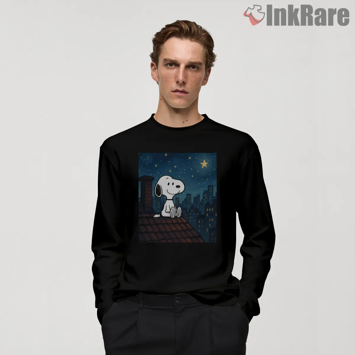 Snoopy Night City Rooftop Graphic Long Sleeve Black Snoopy Night City Rooftop Graphic Shirt on black long sleeve shirt for men graphic tee
