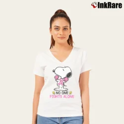 Women’s Snoopy No One Fights Alone Breast Cancer Awareness V-Neck Tee in white | Chic Neckline, Soft Texture