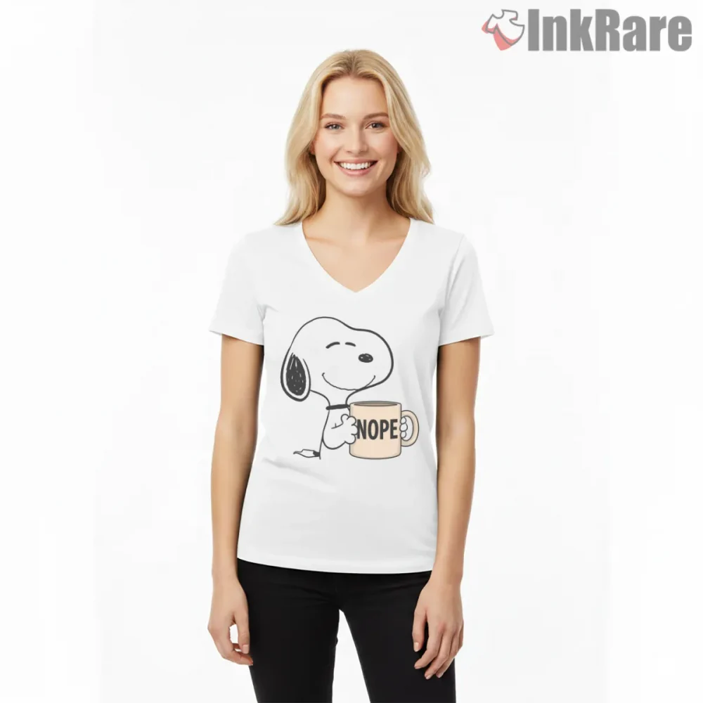 Snoopy Nope Coffee Mood Shirt on white v-neck shirt for women graphic tee