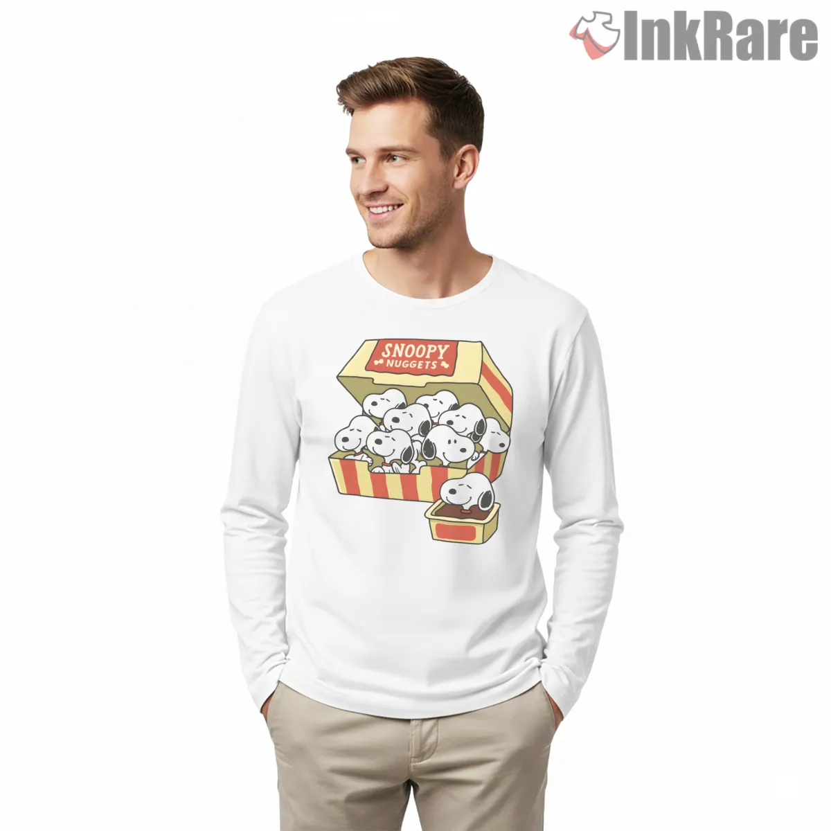 Snoopy Nuggets Cartoon Parody Long Sleeve White Snoopy Nuggets Cartoon Parody Shirt on white long sleeve shirt for men graphic tee