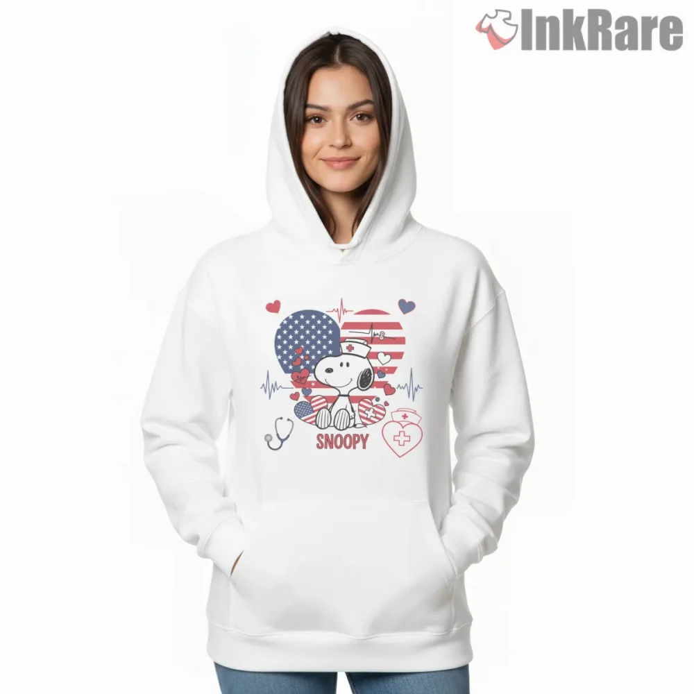 Snoopy Nurse American Flag Heart Shirt on white hoodie for women graphic tee