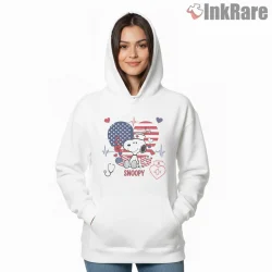 Snoopy Nurse American Flag Heart Shirt on white hoodie for women graphic tee