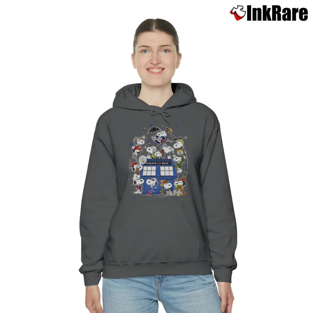 Women’s Snoopy Of Doctor Who All Doctors And The Doghouse Tardis Cozy Hoodie in charcoal | Warm, Structured, Stylish