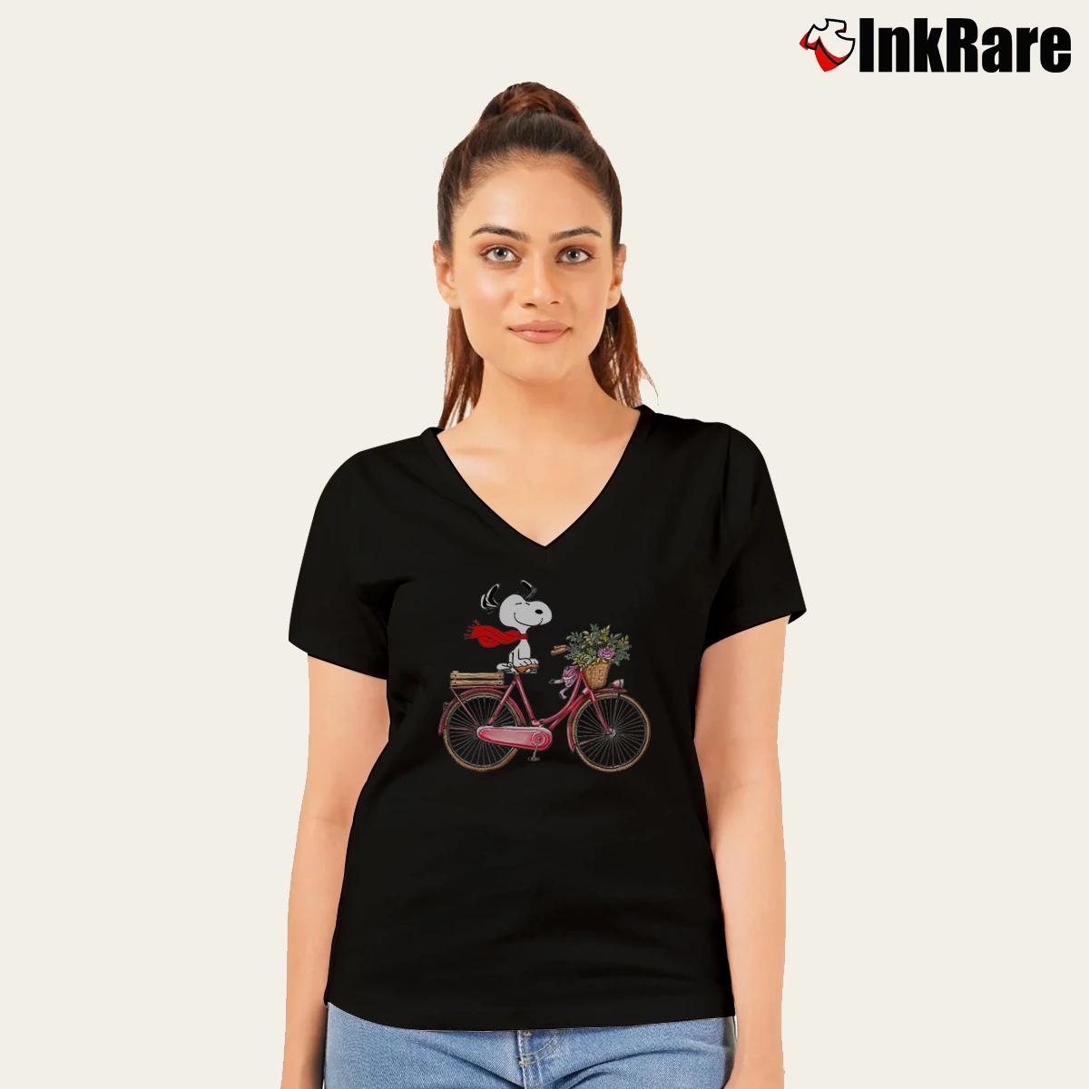 Snoopy On Bicycle With Flower Women’s V-Neck Tee in black – Flattering Fit Women’s Snoopy On Bicycle With Flower V-Neck Tee in black | Chic Neckline, Soft Texture