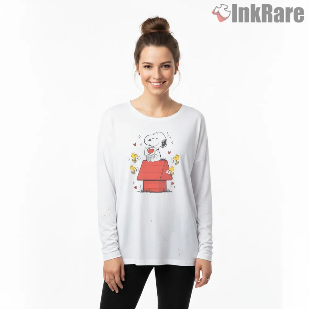 Snoopy On Doghouse Valentine Hearts Shirt on white long sleeve shirt for women graphic tee