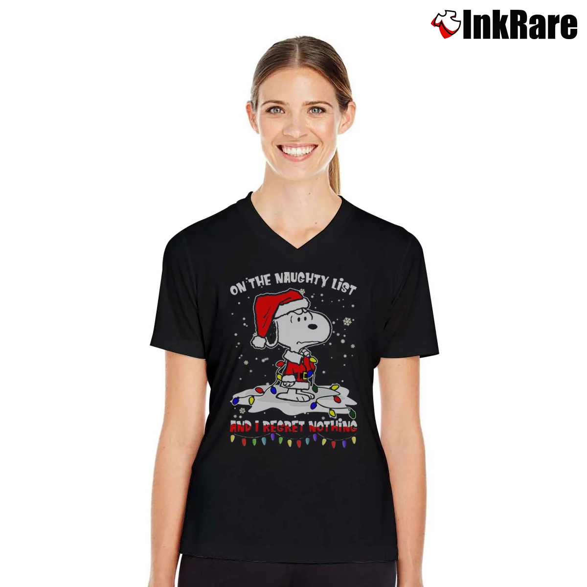 Snoopy On The Naughty List And I Regret Nothing Christmas Women’s V-Neck Tee in black – Flattering Fit Women’s Snoopy On The Naughty List And I Regret Nothing Christmas V-Neck Tee in black | Chic Neckline, Soft Texture