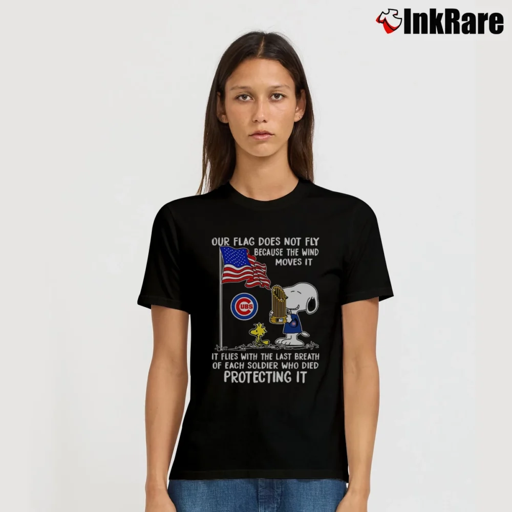 Women’s Snoopy Our Flag Does Not Fly Last Breath Cubs Mariners T-Shirt in black | Soft, Flattering Fit