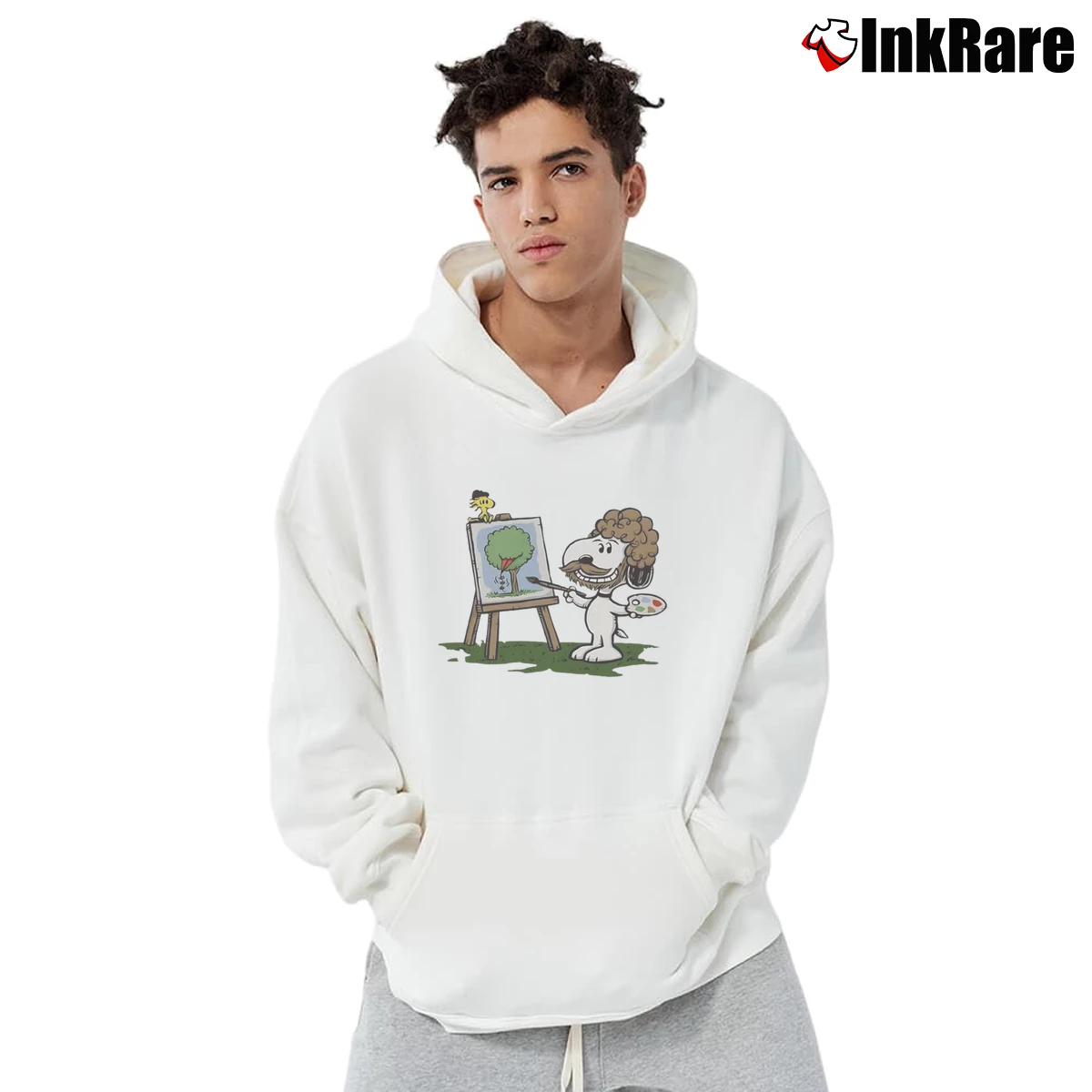 Snoopy Painter Dog Ross Men’s Pullover Hoodie in white – Ultimate Warmth Men’s Snoopy Painter Dog Ross Pullover Hoodie in white | Cozy, Durable, Modern Fit