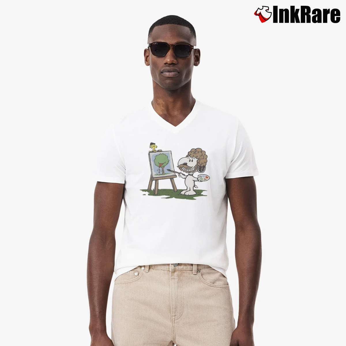 Snoopy Painter Dog Ross Men’s V-Neck Tee in white – Modern Essential Men’s Snoopy Painter Dog Ross V-Neck Tee in white | Sharp, Breathable, Everyday Staple