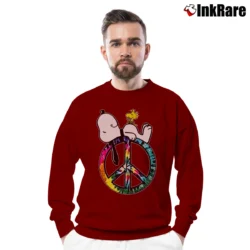 Men’s Snoopy Peace And Love Hippie Style Crewneck Sweatshirt in maroon | Cozy Fabric, Clean Style
