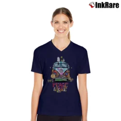 Women’s Snoopy Peace And Love Hippie V-Neck Tee in navy | Chic Neckline, Soft Texture