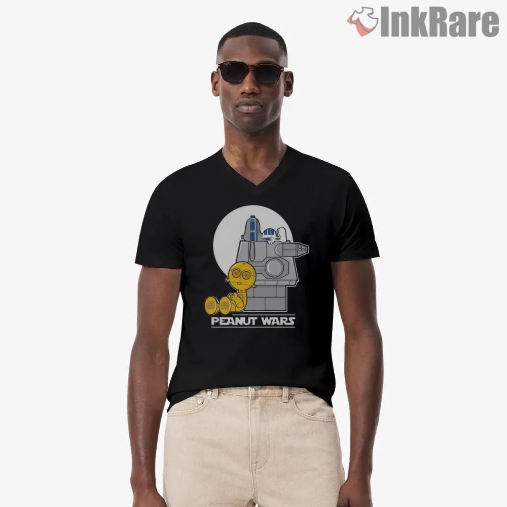 Snoopy Peanut Wars Droid Parody Shirt on black v-neck shirt for men graphic tee