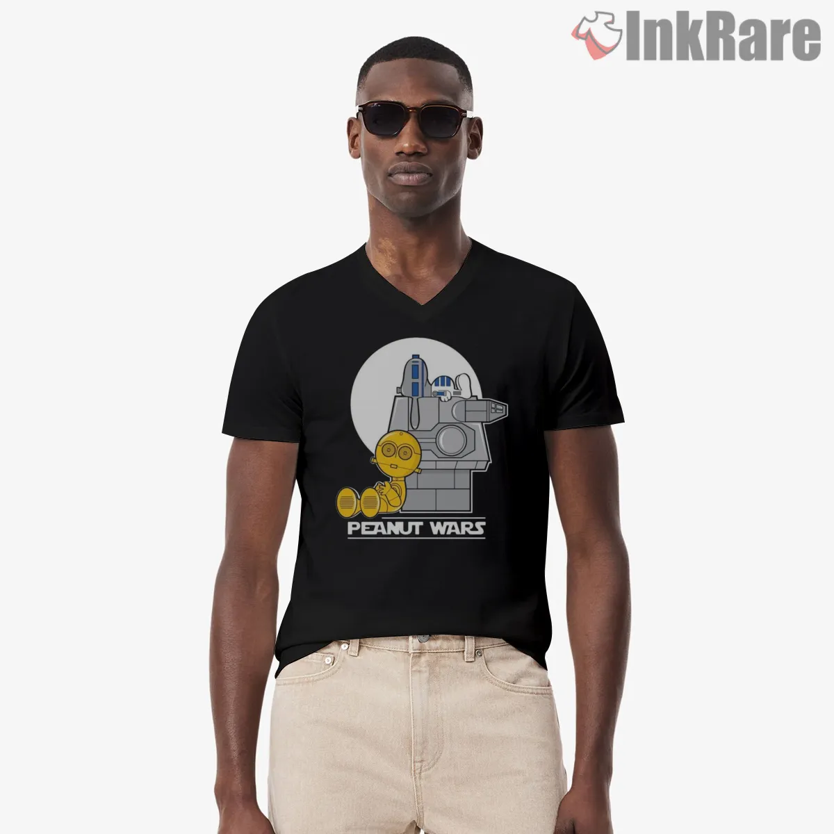 Snoopy Peanut Wars Droid Parody V Neck Black Snoopy Peanut Wars Droid Parody Shirt on black v-neck shirt for men graphic tee