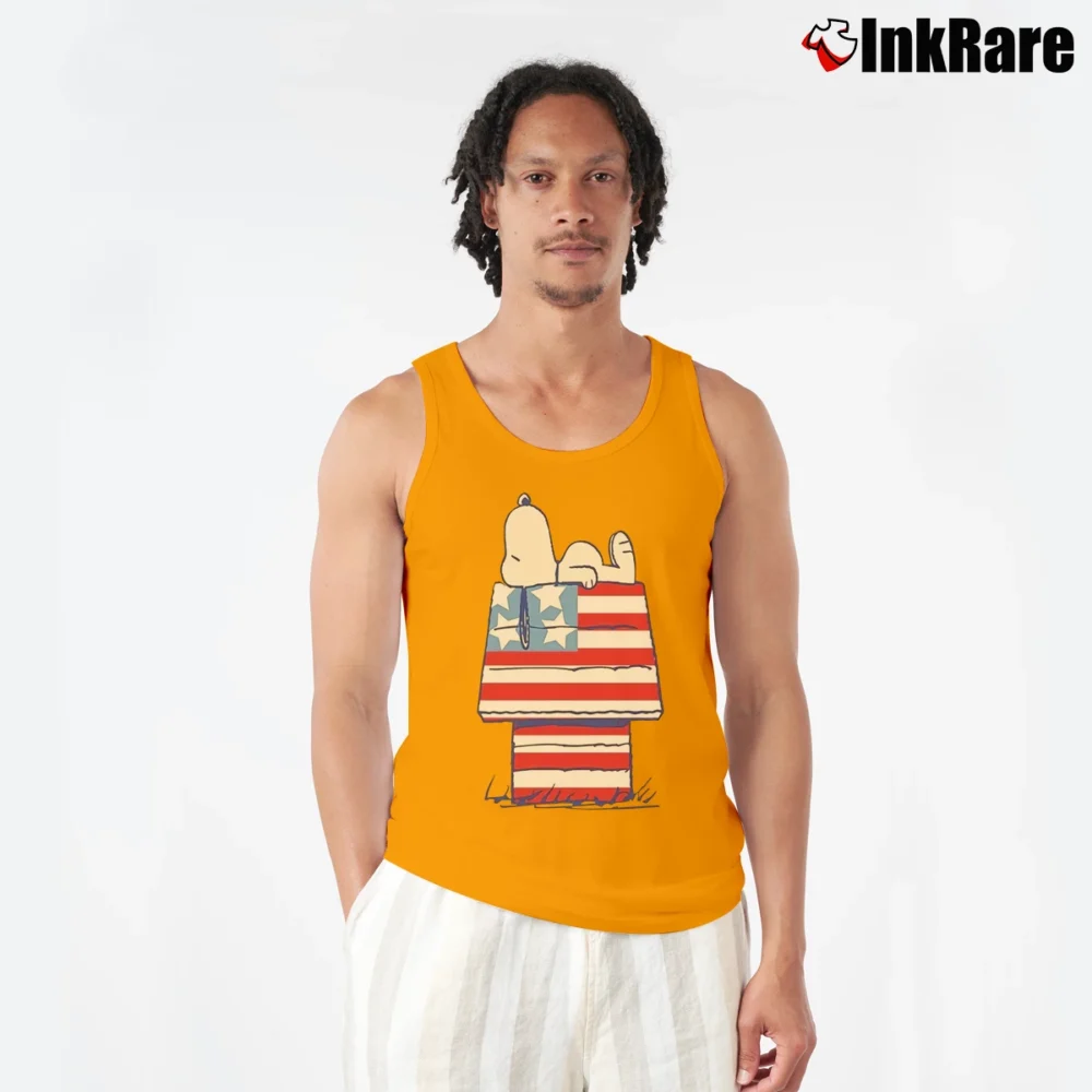 Men’s Snoopy Peanuts American Flag House Tank Top in orange | Breathable, Active-Friendly Design