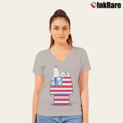 Women’s Snoopy Peanuts American Flag House V-Neck Tee in sport grey | Chic Neckline, Soft Texture