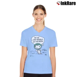 Women’s SNOOPY PEANUTS Beagle On The Moon V-Neck Tee in light blue | Chic Neckline, Soft Texture