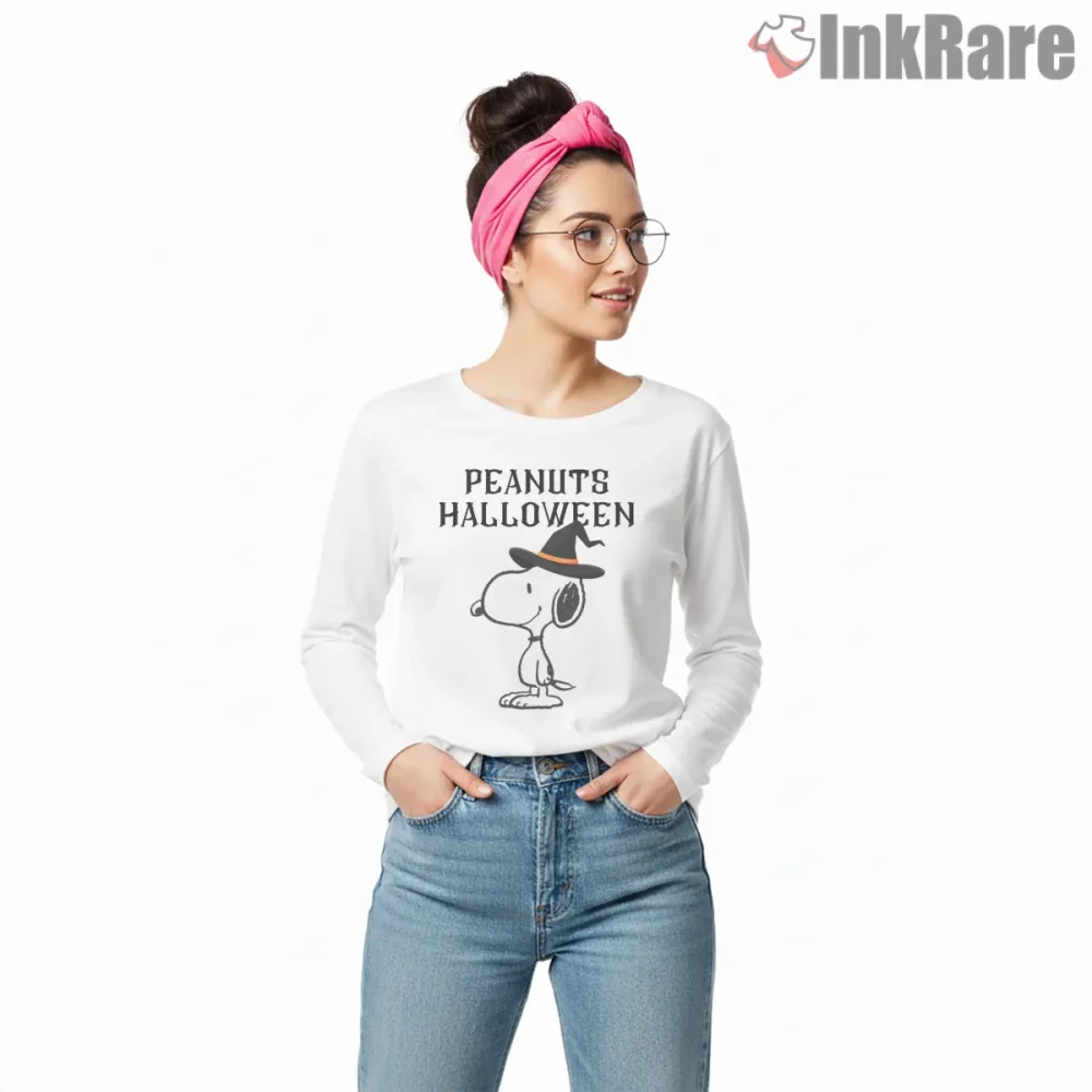 Snoopy Peanuts Halloween Witch Hat Shirt on white long sleeve shirt for women graphic tee
