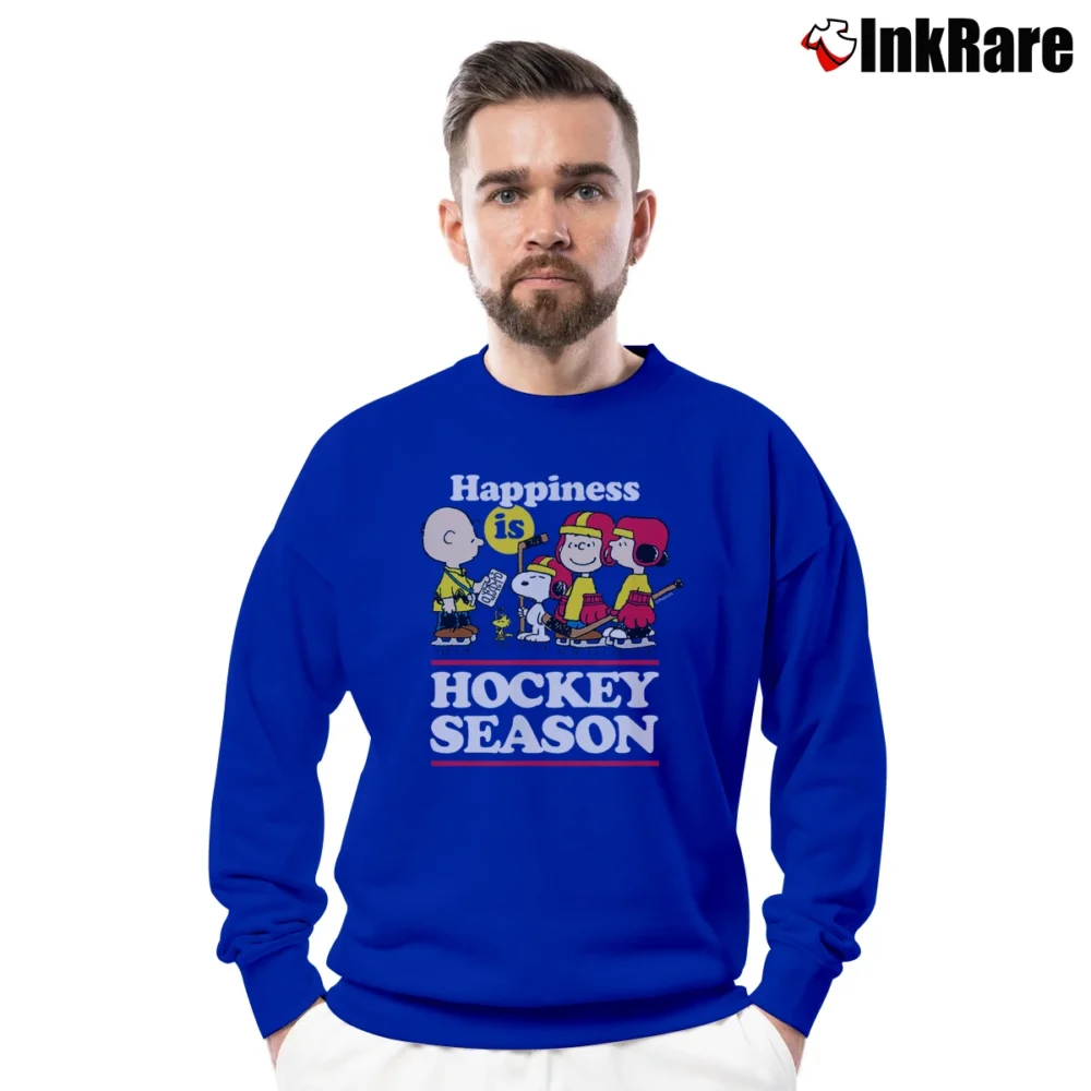 Men’s Snoopy Peanuts Happiness Is Hockey Season Crewneck Sweatshirt in royal blue | Cozy Fabric, Clean Style