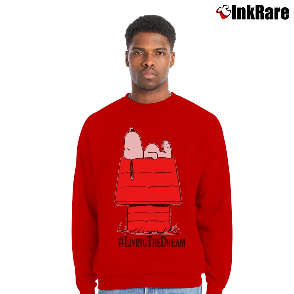 Men’s Snoopy Peanuts Living The Dream Classic Crewneck Sweatshirt in red | Cozy Fabric, Clean Style