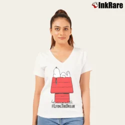 Women’s Snoopy Peanuts Living The Dream Classic V-Neck Tee in white | Chic Neckline, Soft Texture