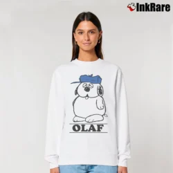 Women’s Snoopy Peanuts Olaf Spellout Cartoon Relaxed Sweatshirt in white | Soft, Laid-Back Vibe