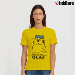 Women’s Snoopy Peanuts Olaf Spellout Cartoon Signature T-Shirt in yellow | Soft, Flattering Fit