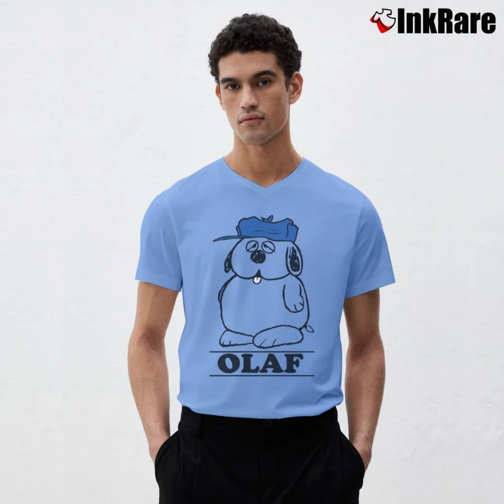 Men’s Snoopy Peanuts Olaf Spellout Cartoon V-Neck Tee in light blue | Sharp, Breathable, Everyday Staple