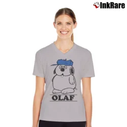 Women’s Snoopy Peanuts Olaf Spellout Cartoon V-Neck Tee in sport grey | Chic Neckline, Soft Texture