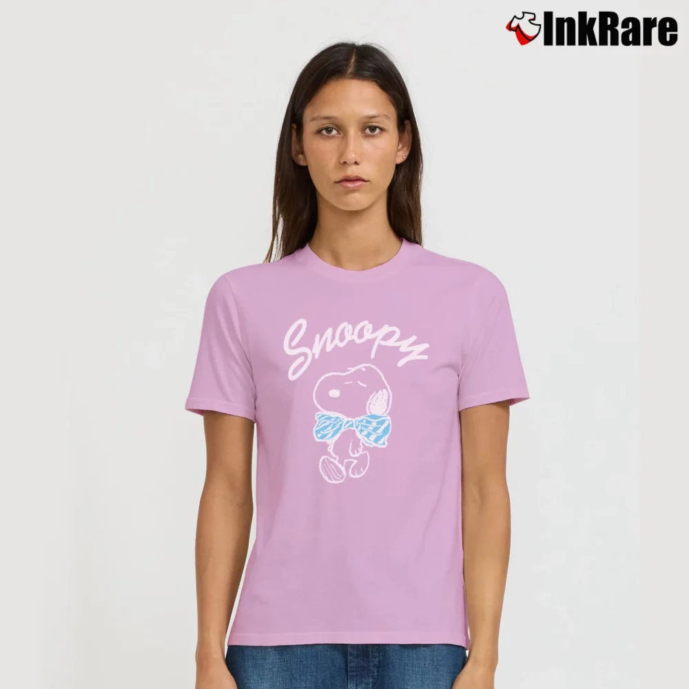 Women’s Snoopy Peanuts Pink Cartoon Signature T-Shirt in light pink | Soft, Flattering Fit