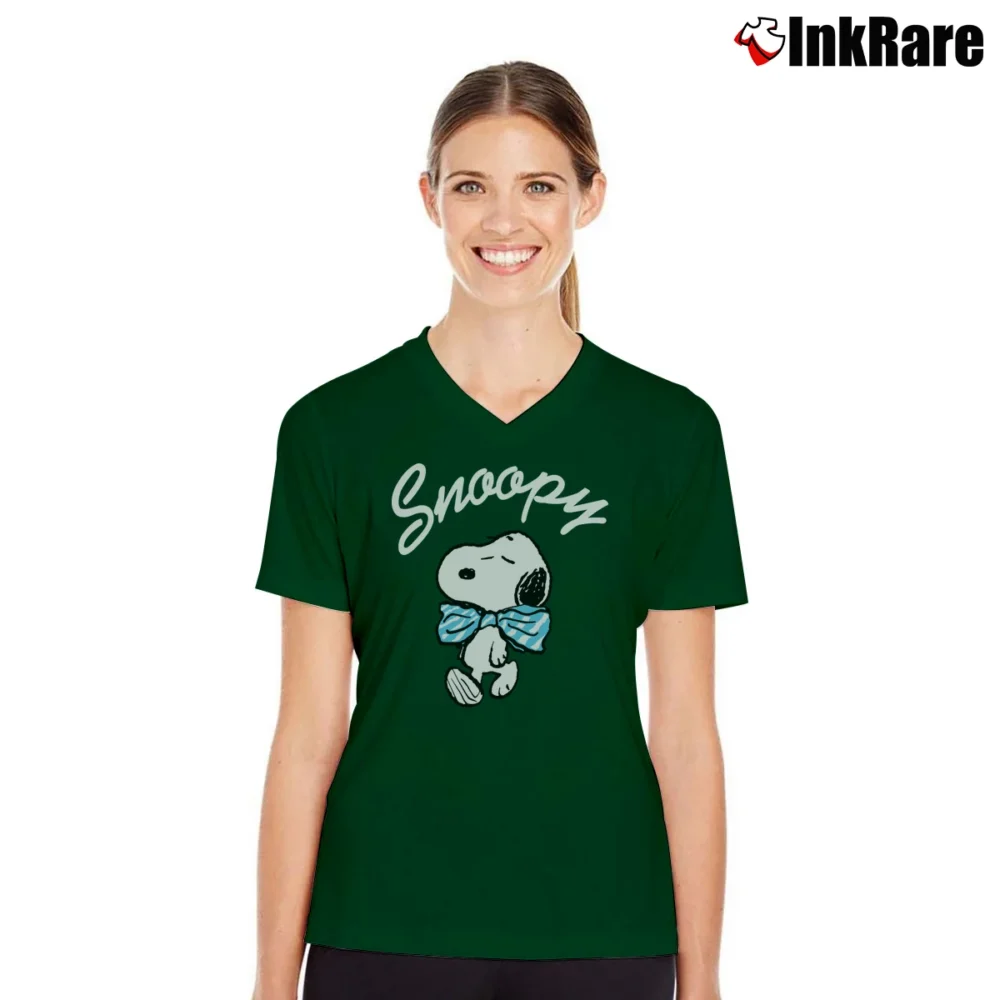 Women’s Snoopy Peanuts Pink Cartoon V-Neck Tee in forest green | Chic Neckline, Soft Texture